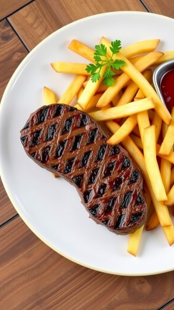 A classic steak frites dish with a juicy ribeye steak and crispy fries, garnished with parsley and served with ketchup.